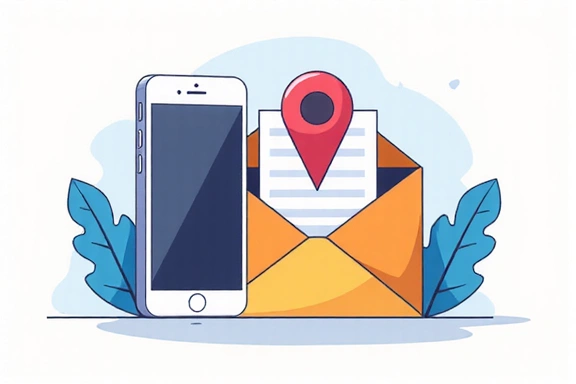 Ilustracja przedstawiająca telefon, kopertę i pinezkę lokalizacji