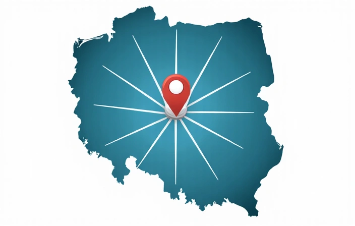 Mapa Polski z zaznaczoną Świdnicą, symbolizująca zasięg online i lokalne biuro