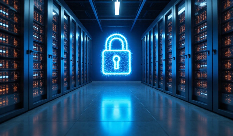 Secure data center with glowing servers and security locks