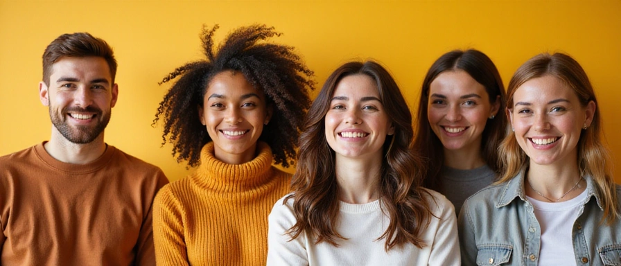 Czysty, minimalistyczny obraz szczęśliwych ludzi, różnorodnych