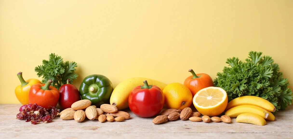 Nowoczesny, czysty obraz świeżych, zdrowych produktów spożywczych na drewnianym stole z jasnym tłem