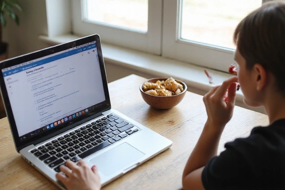 Osoba ucząca się online z laptopem i zdrowymi przekąskami